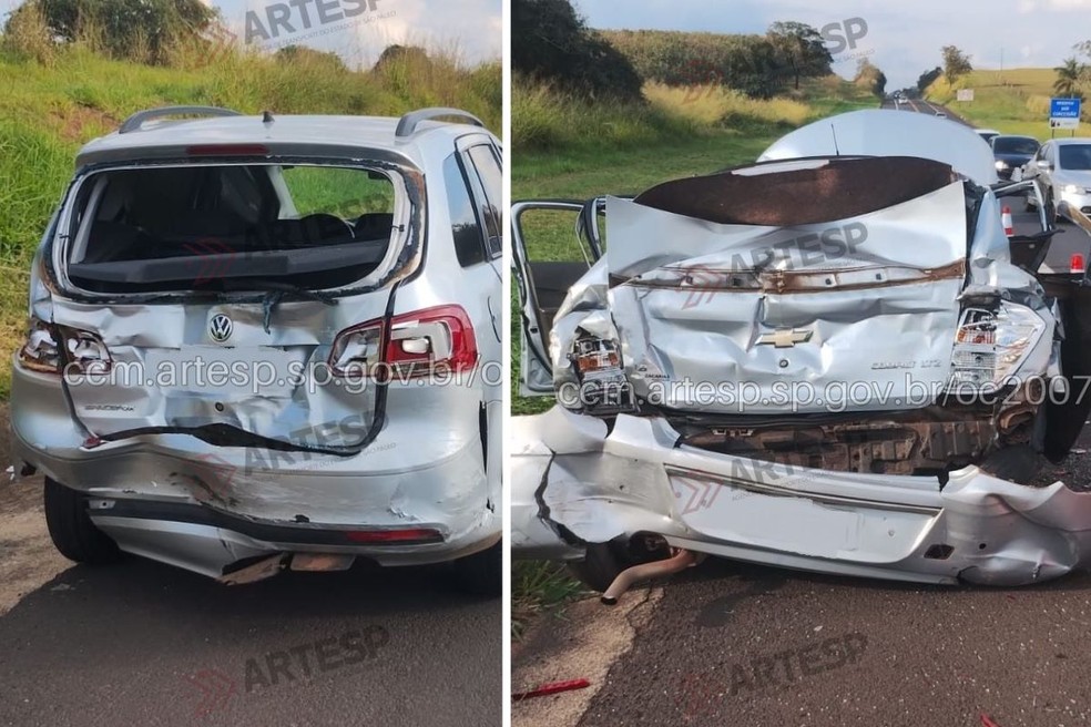 Engavetamento envolvendo caminhão e dois carros deixa feridos em rodovia de Martinópolis (SP) — Foto: Reprodução/Artesp