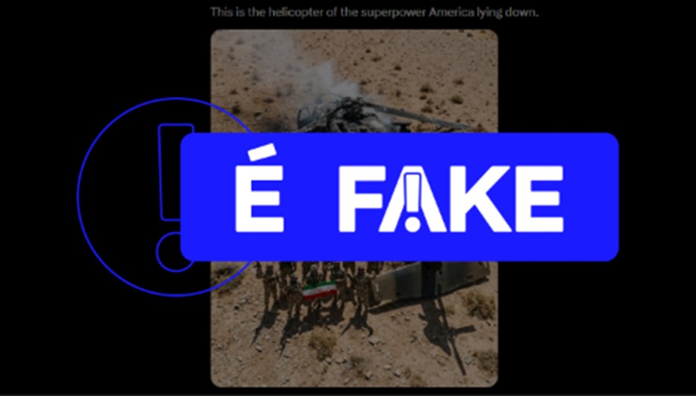 É #FAKE que foto mostre helicóptero militar americano abatido no deserto do Irã; imagem foi criada com IA do Google — Foto: Reprodução