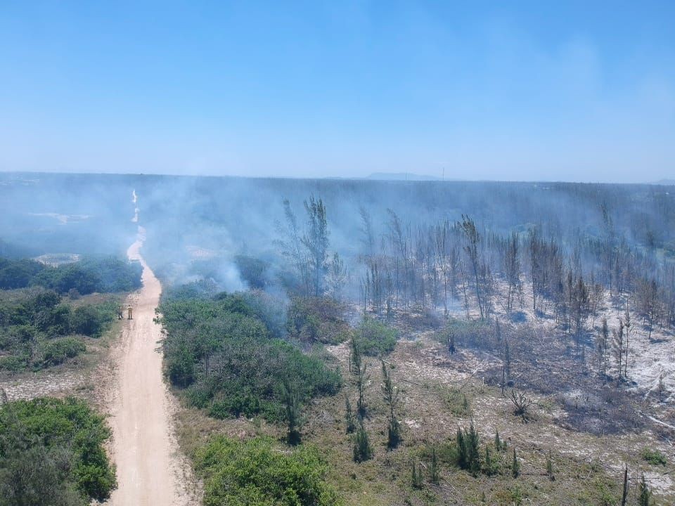 Incêndio de grandes proporções atinge Parque Natural Municipal da Restinga da Massambaba, em Arraial do Cabo