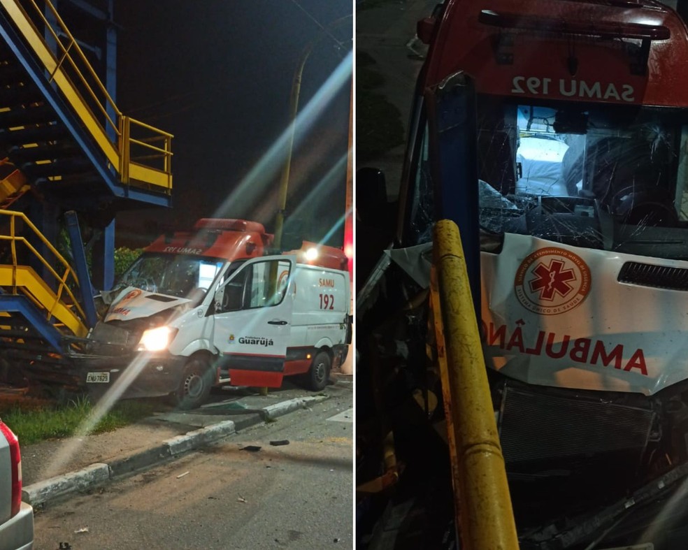 Bandido furta viatura do Samu e colide em passarela de terminal do Porto de Santos  — Foto: Reprodução