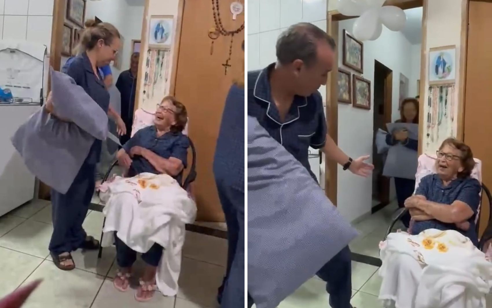 Filhos fazem surpresa emocionante e se reúnem para dormir com a mãe de 92 anos, em Anápolis