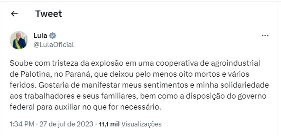 Presidente Lula presta solidariedade e familiares de trabalhadores que morreram em explosões em cooperativa no Paraná — Foto: Reprodução/Twitter