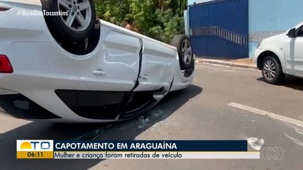 Carro capota em Araguaína e mulher e criança precisam ser retiradas do veículo