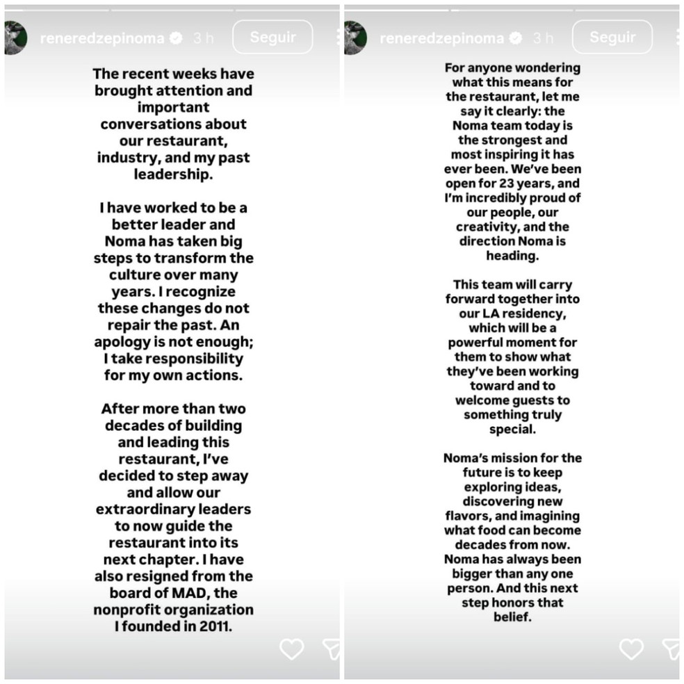 René Redzepi usou as redes sociais para anunciar a saída do restaurante e pedir desculpas a equipe. — Foto: Reprodução/Instagram