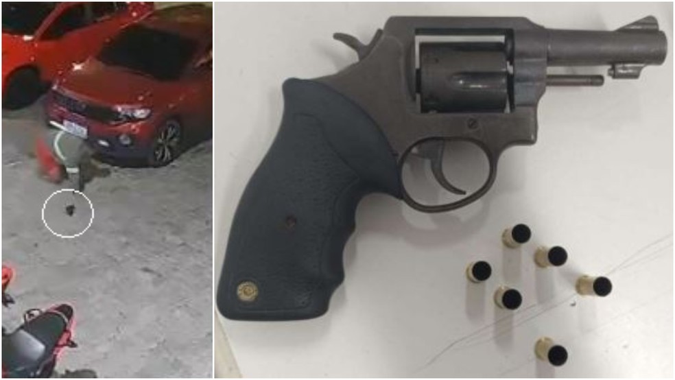Polícia apreendeu revólver que adolescente de 15 anos deixou cair após matar homem em estacionamento de academia, em Sobral. — Foto: Reprodução
