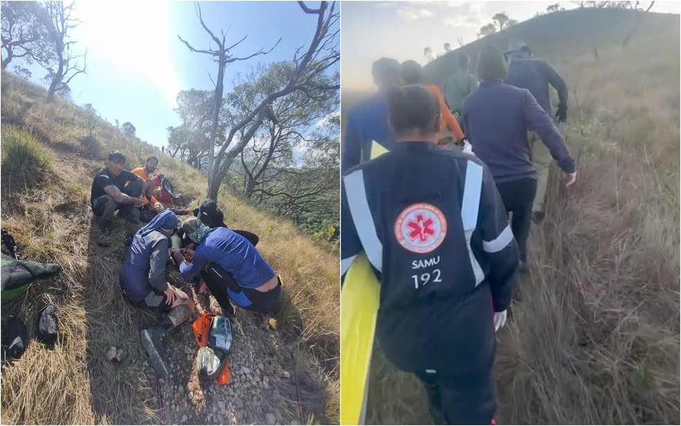 Mulher fratura perna durante trilha e é resgatada por helicóptero na Serra do Papagaio, em MG — Foto: Corpo de Bombeiros