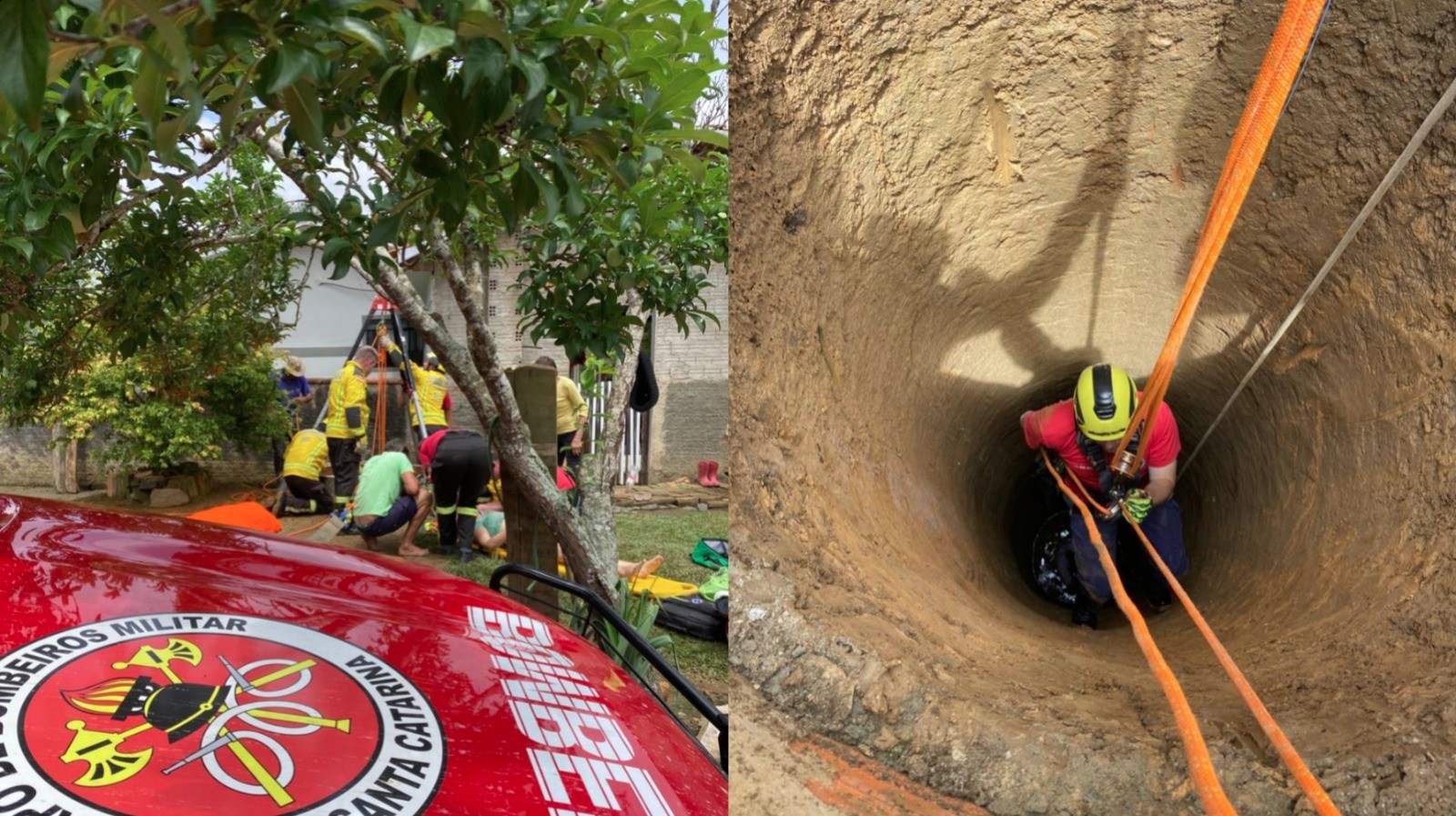 Homem desce em poço de 12 metros para ajudar mulher que caiu e os dois ficam presos em SC