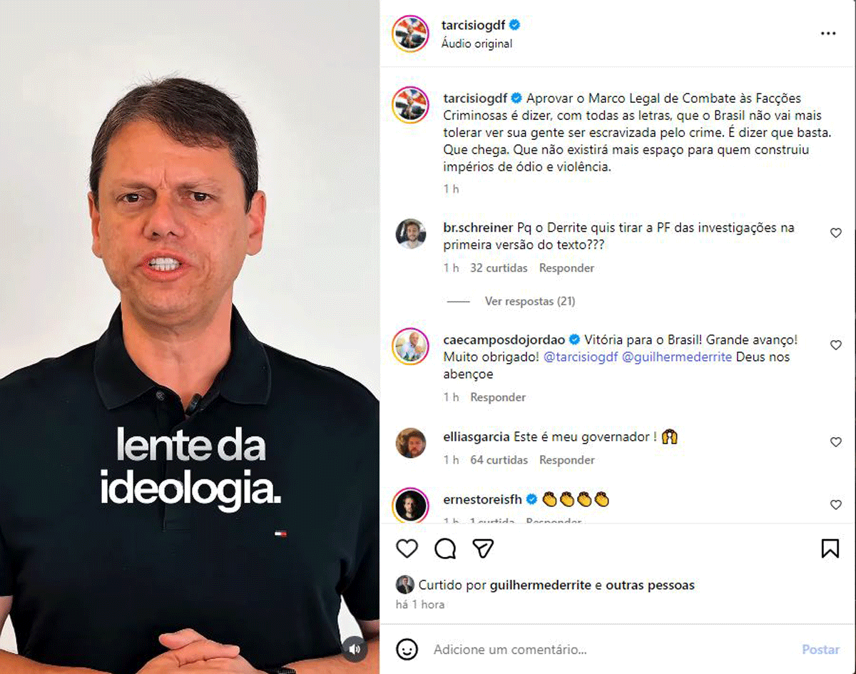 Tarcísio diz que opositores ao PL Antifacção votaram pela 'lente da ideologia'