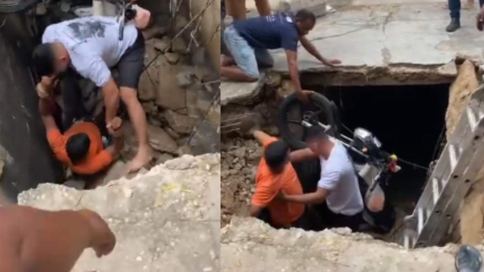 Vídeo: motociclista e crianças caem em buraco após tampa de galeria ceder em Teresina 