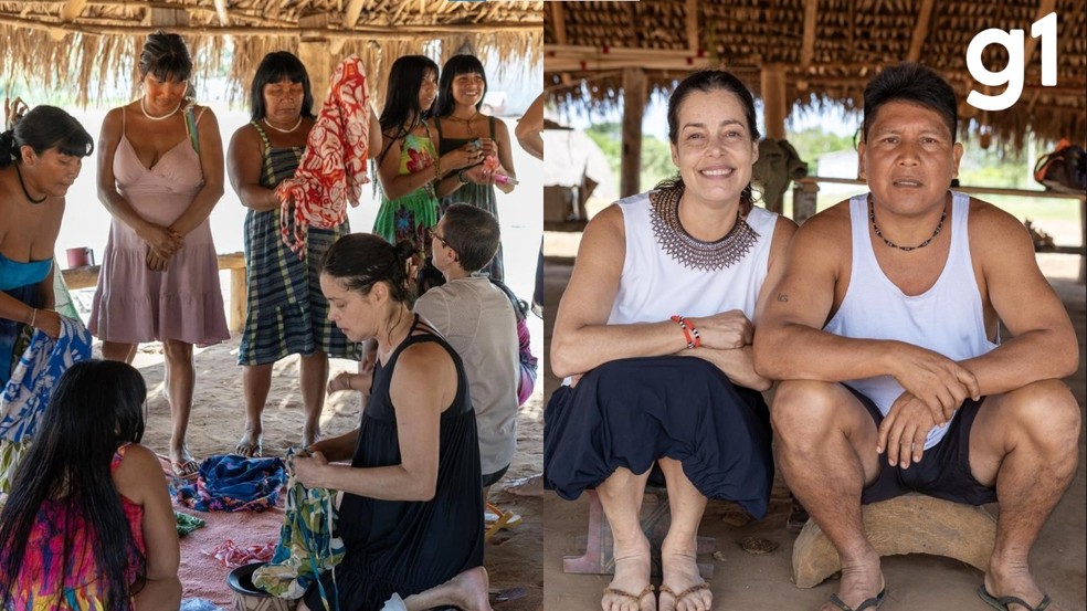 A designer Maria Fernanda Paes de Barros na aldeia Kaupüna, durante visitas e projetos culturais em Mato Grosso — Foto: Reprodução/Arquivo Pessoal