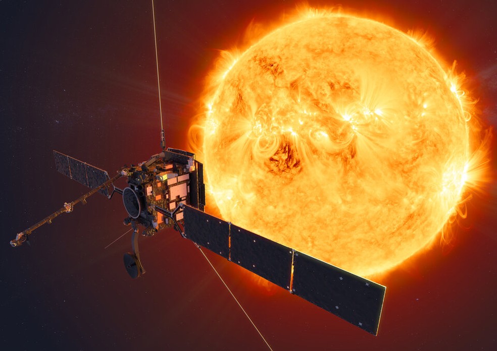 Representação artística mostra a sonda Solar Orbiter, da Agência Espacial Europeia (ESA), orbitando o Sol. — Foto: Agência Espacial Europeia (ESA