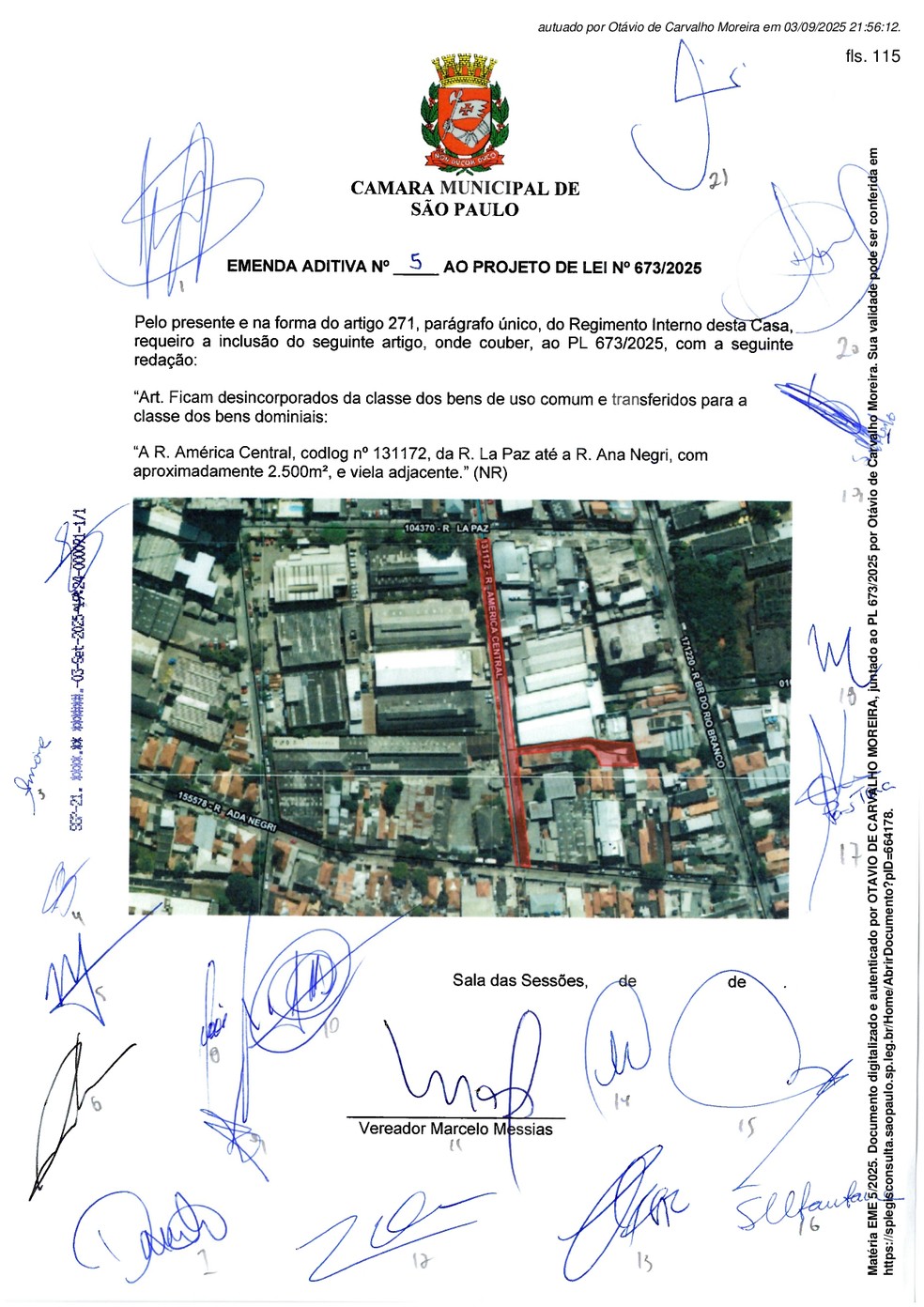 Emenda do vereador Marcelo Messias que autorizou o leilo da rua Amrica Central, inclusive a viela residencial adjacente. - Foto: Reproduo/Cmara Municipal