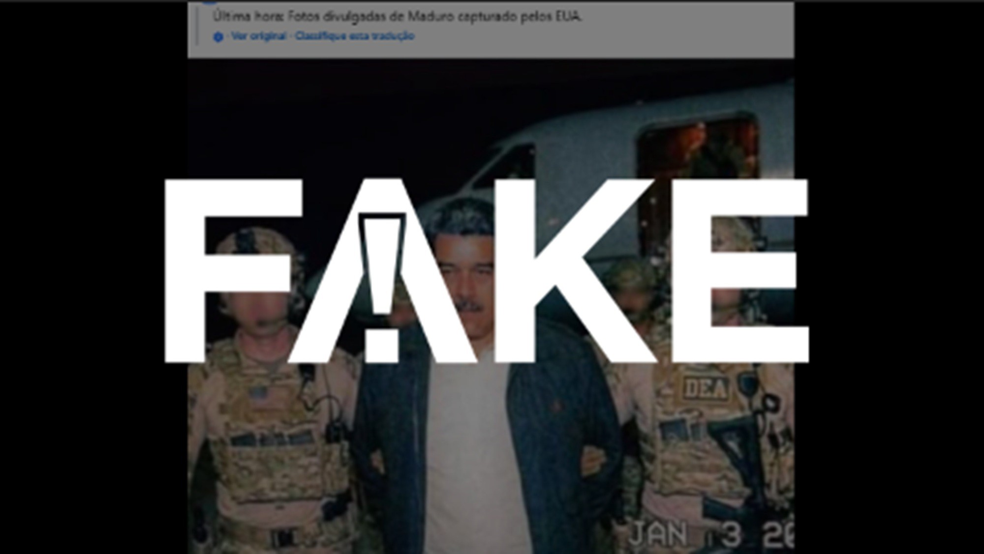 É #FAKE que foto mostre Maduro sendo escoltado por agentes dos EUA após captura; imagem foi criada com inteligência artificial