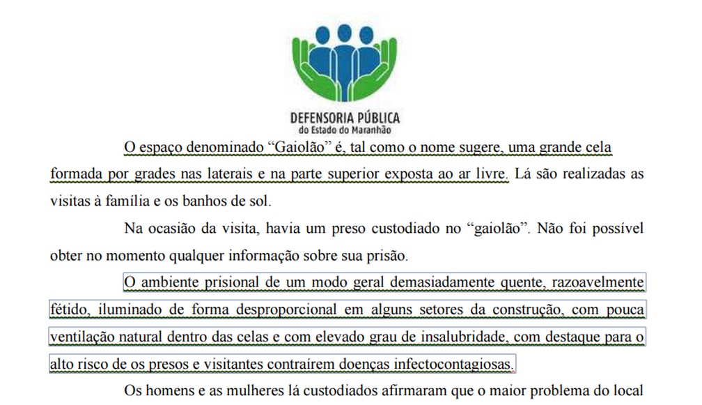 Relatório da Defensoria alertando sobre as condições do "gaiolão" — Foto: Divulgação / Defensoria Pública do Maranhão