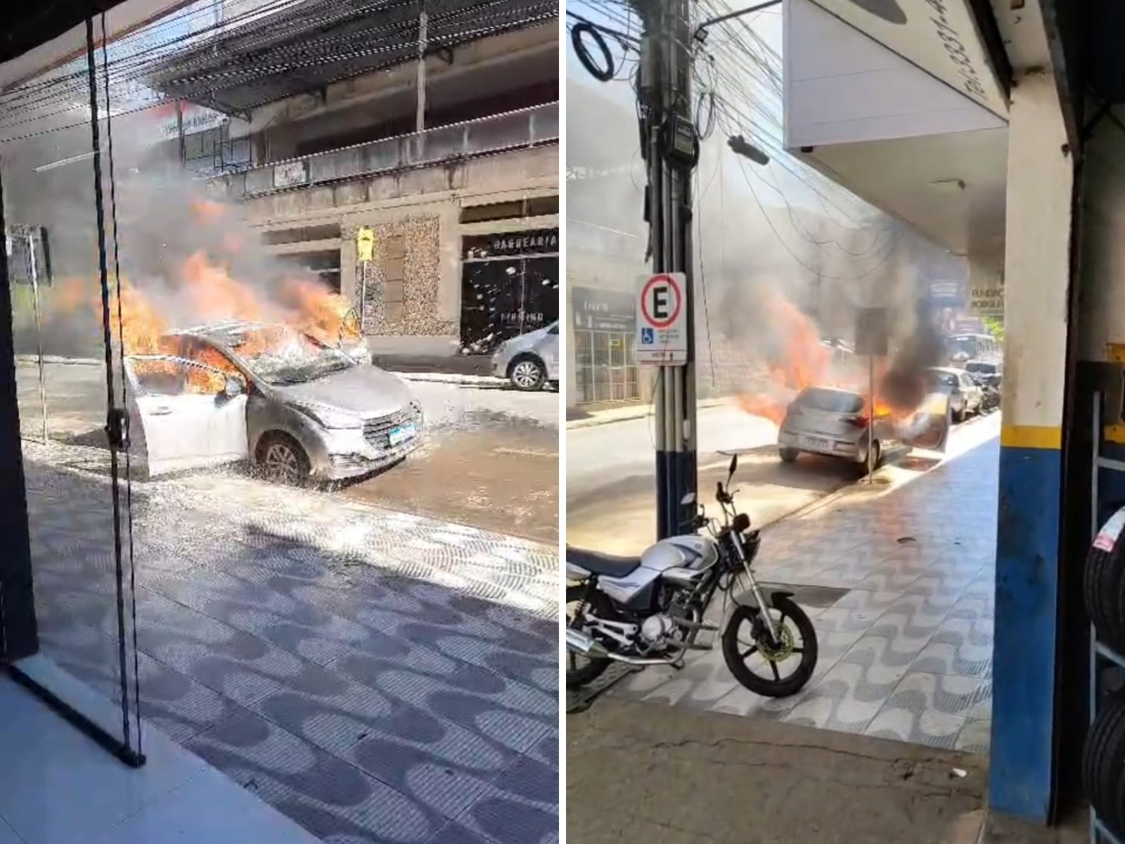 Carro pega fogo em frente a oficina e mobiliza comerciantes em Manhuaçu