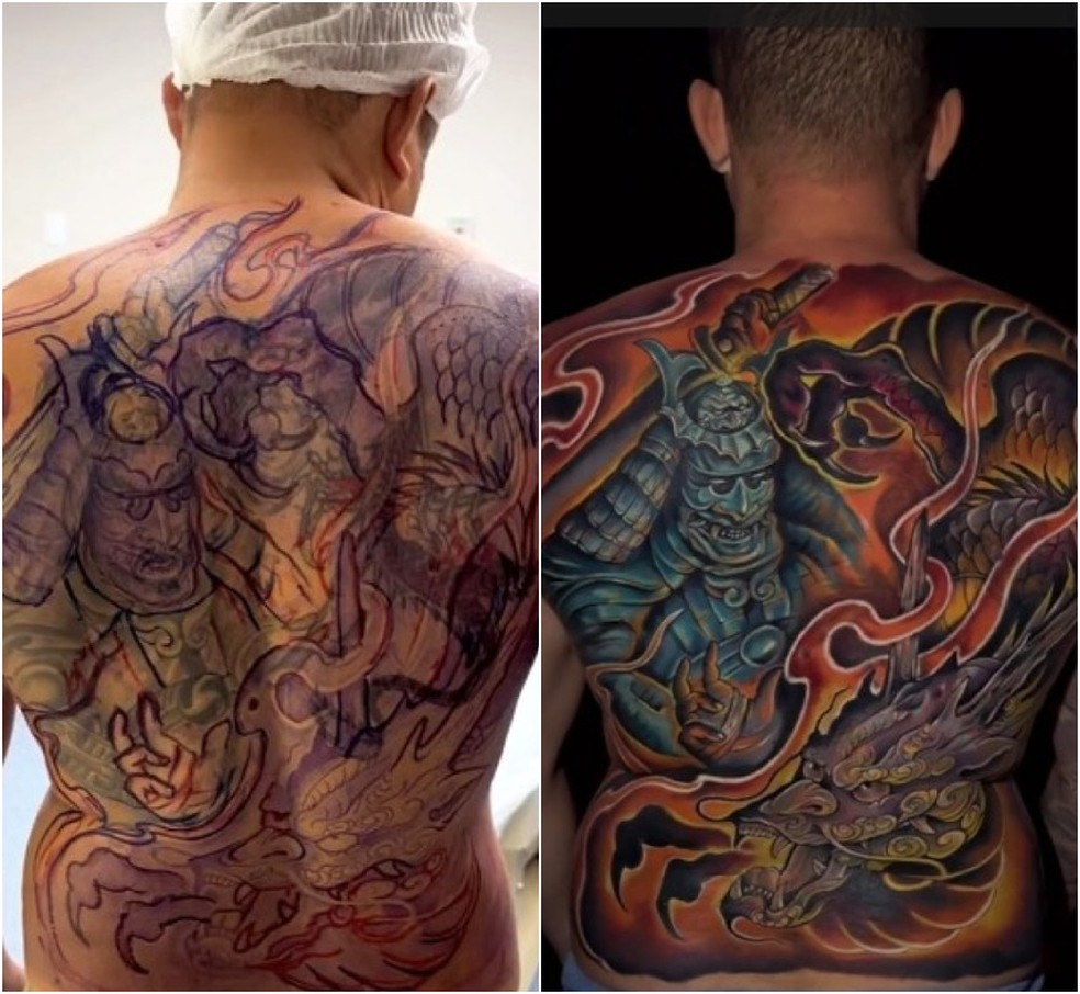Antes e depois: tatugem com decalque (esquerda) e a finalizada (direita). — Foto: Kallel Tatoo/Reprodução
