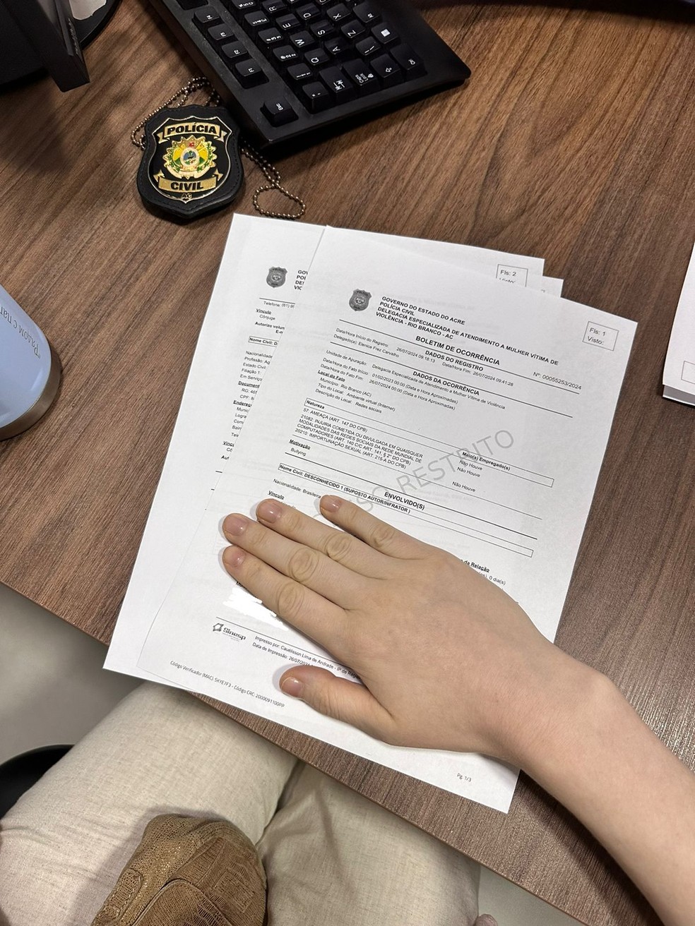 Boletim de ocorrência foi registrado na delegacia de crimes contra a mulher em Rio Branco — Foto: Arquivo pessoal