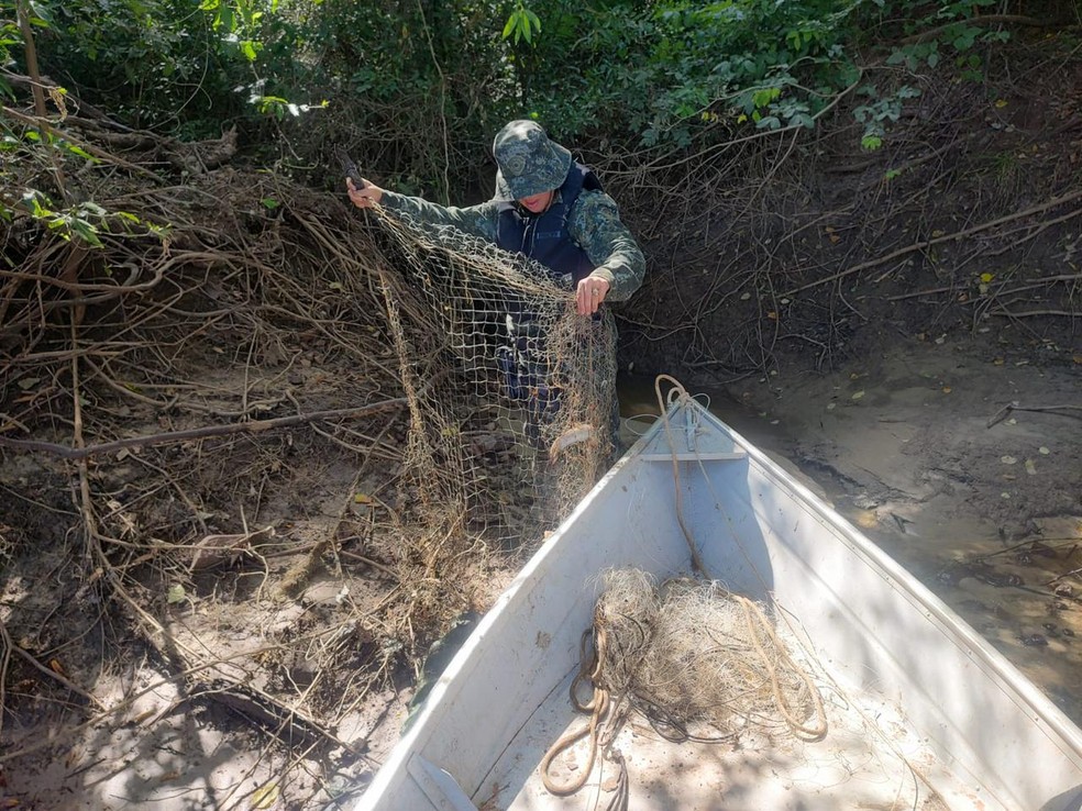 Fiscalização apreende petrechos de pesca armados irregularmente no Rio Aguapeí — Foto: Polícia Ambiental