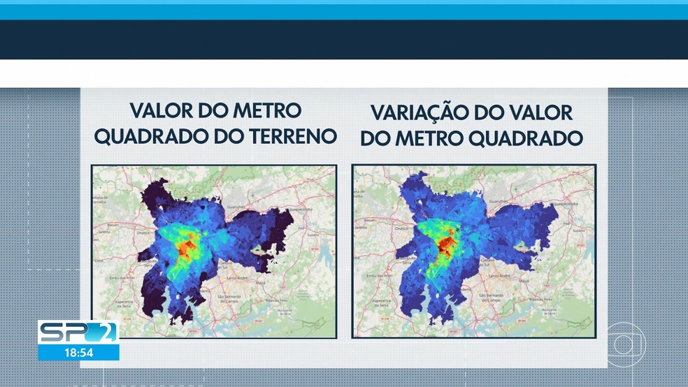 Mapas exibidos na audiência mostraram os bairros mais valorizados da cidade. — Foto: Reprodução/TV Globo