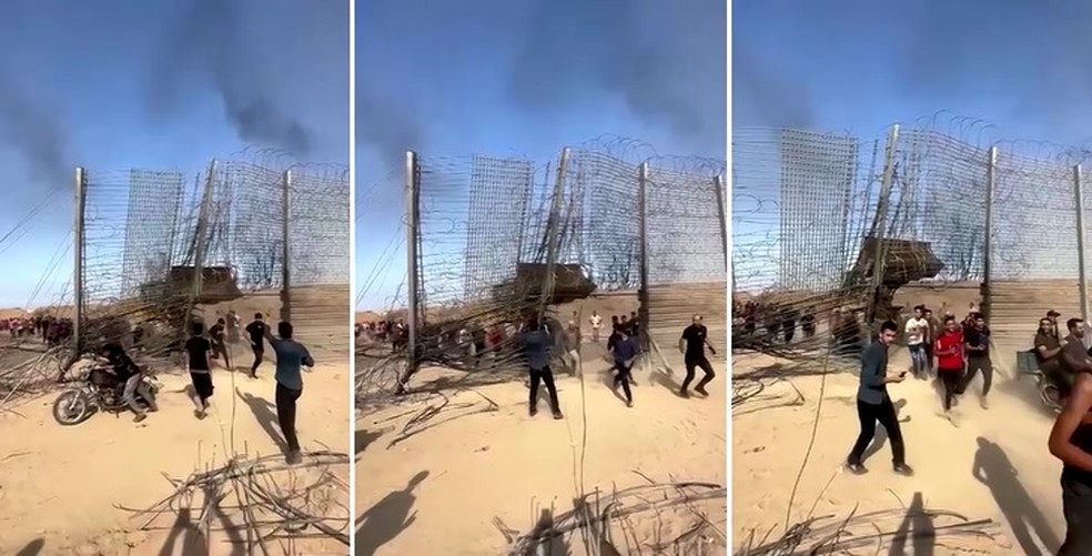 Militantes do Hamas usaram escavadeira para furar o muro de ferro e invadir Israel — Foto: Reuters