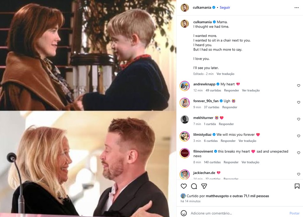 Post do ator Macaulay Culkin em homenagem a Catherine O'hara — Foto: Reprodução/Instagram