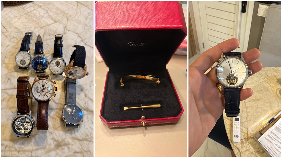 Relógios e pulseira de luxos apreendidos com alvos da PF; relógio Patek Philippe, no canto à direita, é avaliado em R$ 3 milhões — Foto: Divulgação