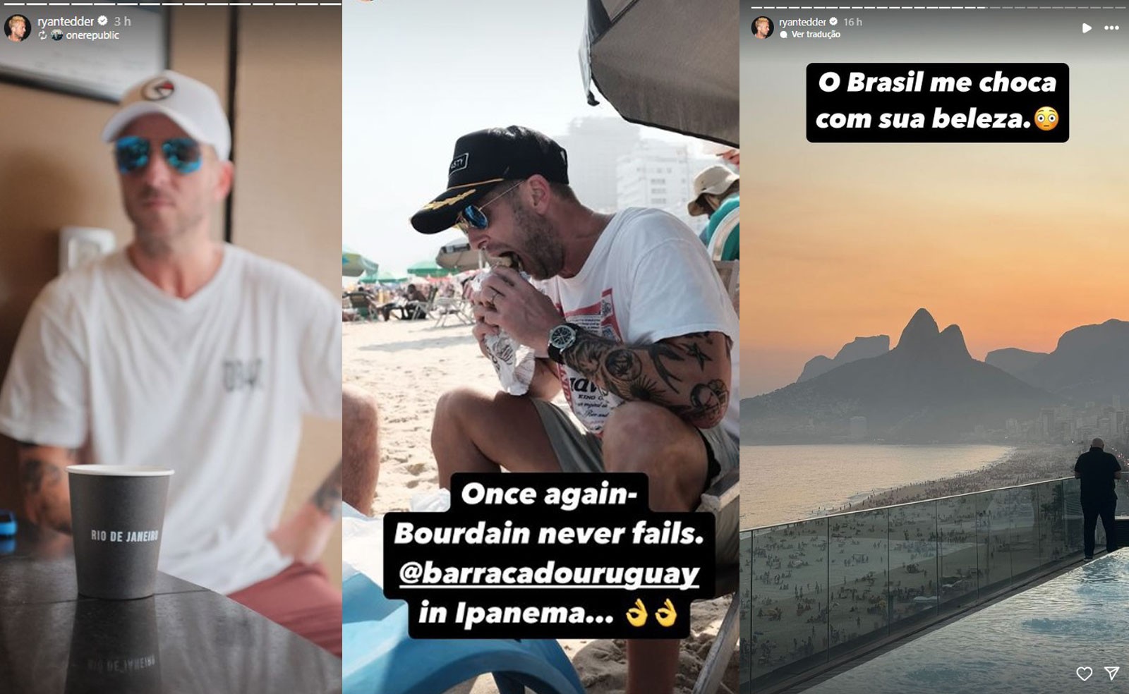 Lanche e cerveja na praia e corridinha na orla: Ryan Tedder, do OneRepublic, passeia pelo Rio antes de show no Rock in Rio