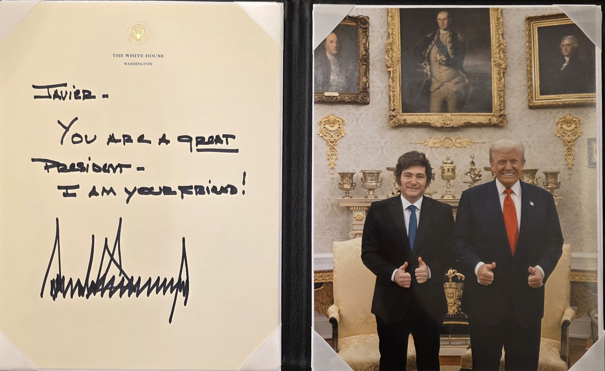 Trump chama Milei de 'amigo' e diz que argentino é um 'grande presidente' em bilhete