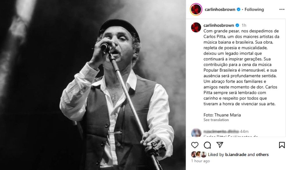 Carlinhos Brown lamenta morte de Carlos Pitta — Foto: Reprodução/Redes Sociais