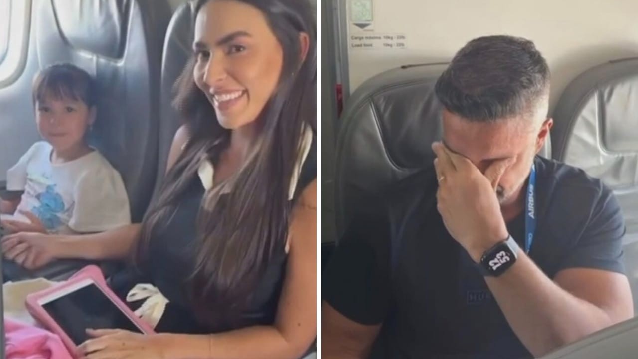 Empresária surpreende marido e filha com anúncio de gravidez feito por piloto durante voo; veja vídeo