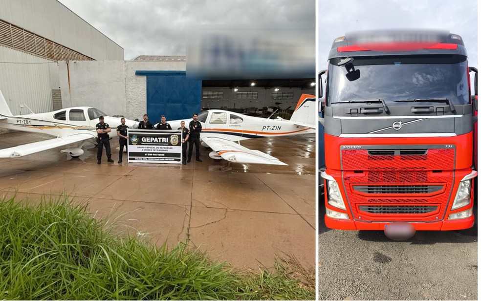Aviões e caminhão apreendido na Operação Deméter, da Polícia Civil — Foto: Divulgação/Polícia Civil