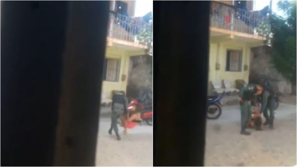 Influenciadora Brena Medeiros foi derrubada por policial com "rasteira" ao tentar filmar abordagem da PM em Baturité. — Foto: Reprodução