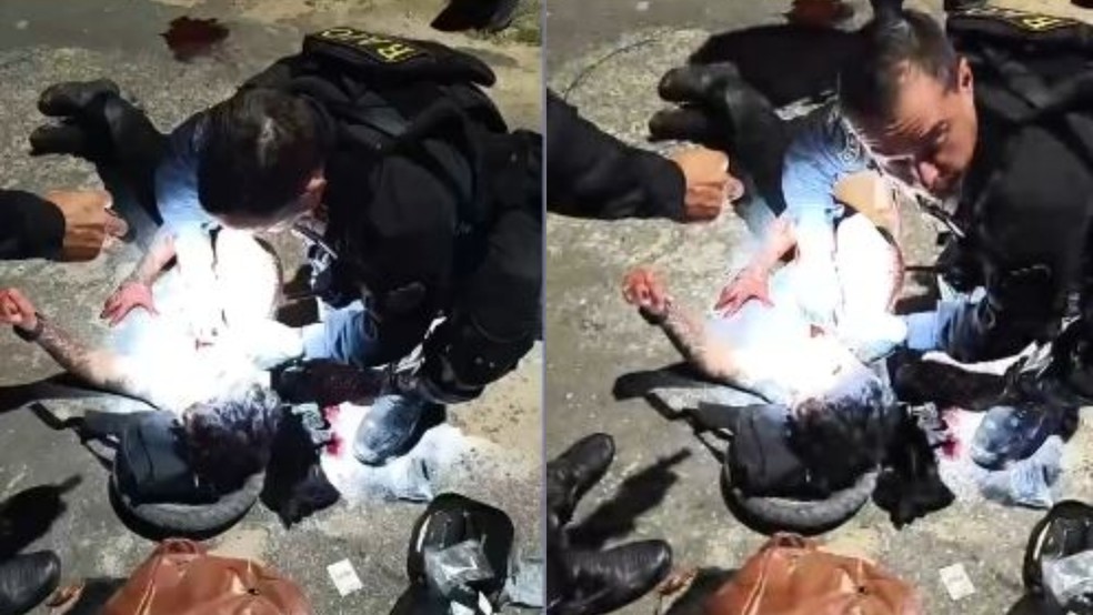 Cabo Wellington Júnior salvou o motociclista de aplicativo Ismael Madyson da Silva, de 22 anos, após o trabalhador levar uma facada no pescoço durante um assalto em Caucaia. — Foto: Reprodução