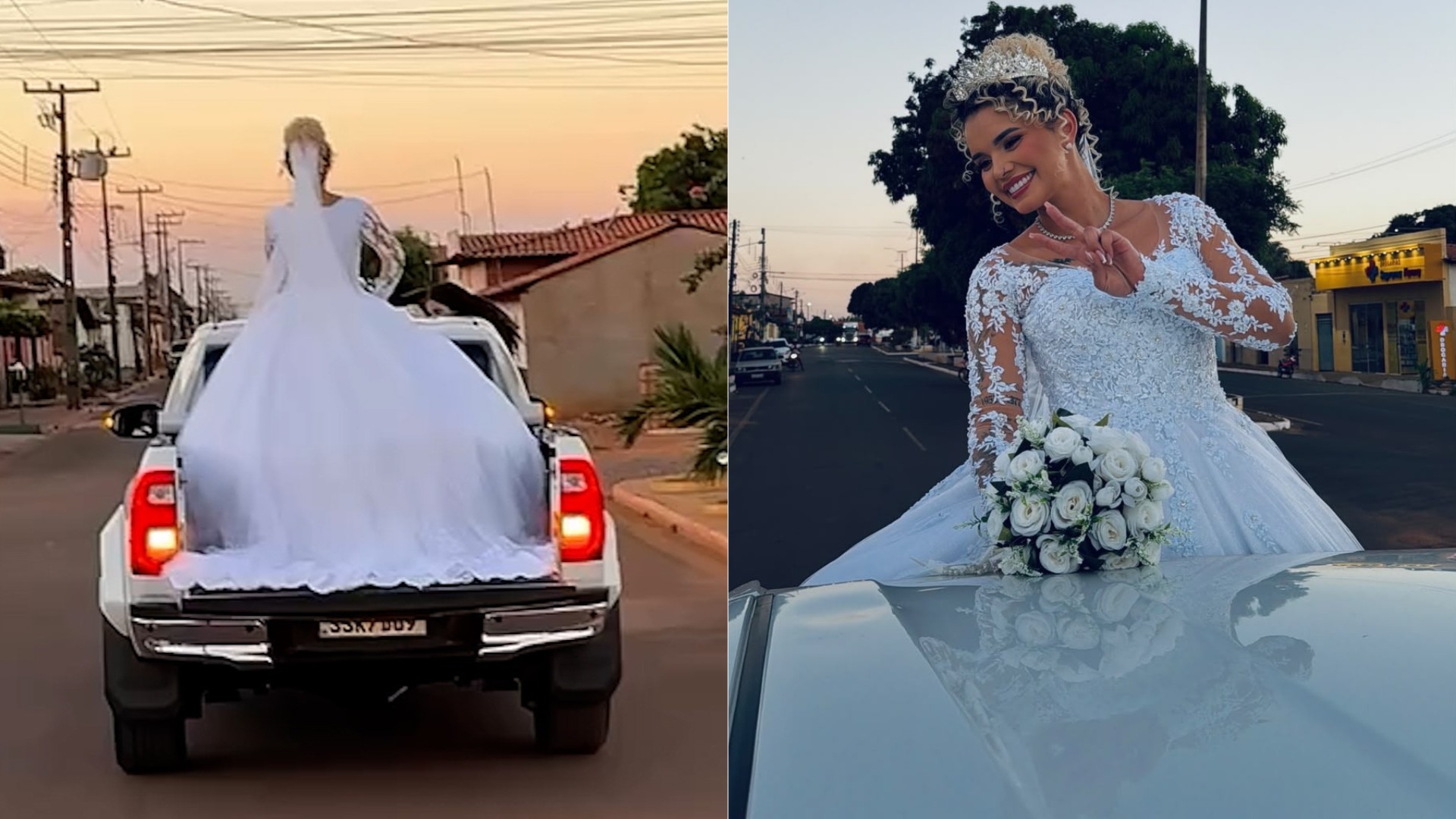 Noiva improvisa ida à igreja em carroceria após vestido não caber em carro no MA; VÍDEO