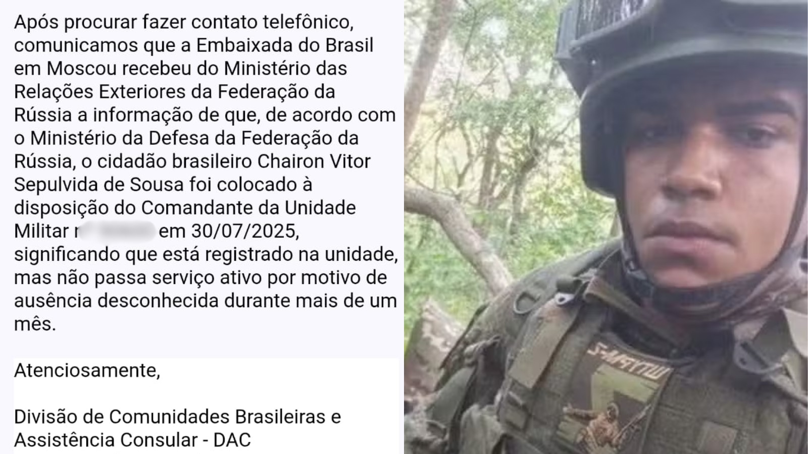 Brasileiro de 23 anos que sumiu após se alistar no exército da Rússia viu anúncio em rede social, diz família