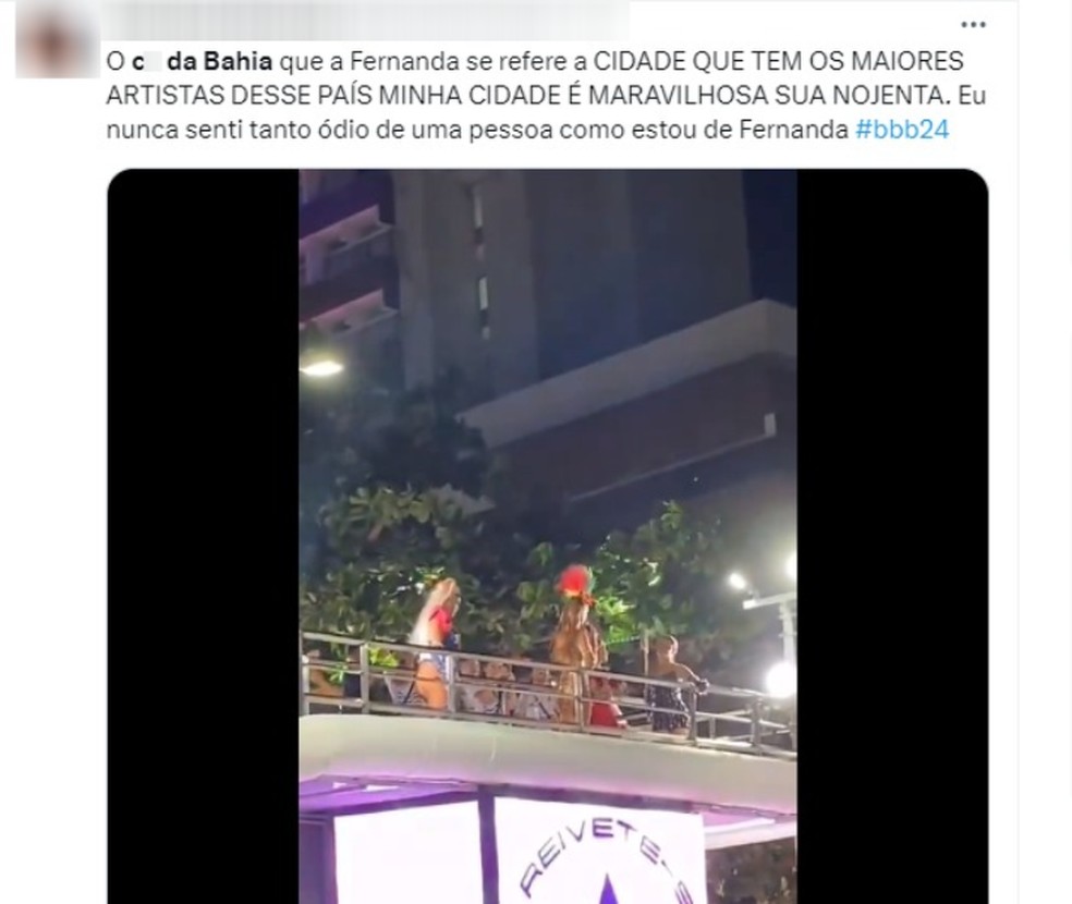 Fernanda do BBB 24 causa revolta em baianos na web ao dizer que Davi 'veio do c* da Bahia' — Foto: Reprodução/Redes Sociais