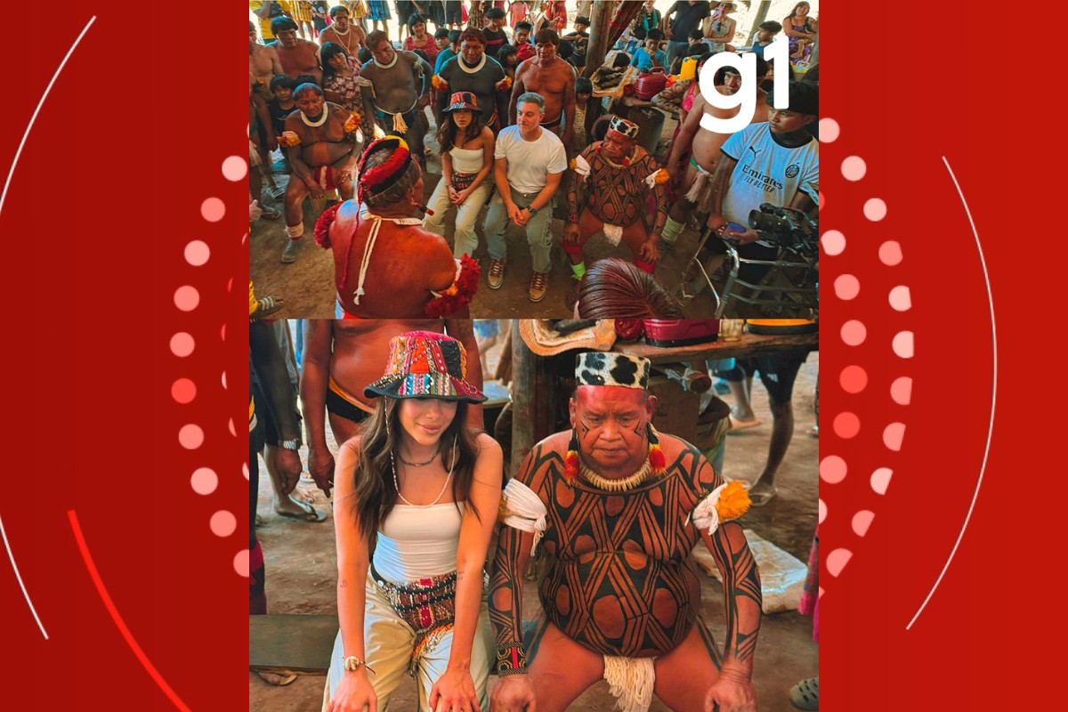 Anitta e Luciano Huck visitam cacique Raoni após participarem de cerimônia indígena em aldeia de MT