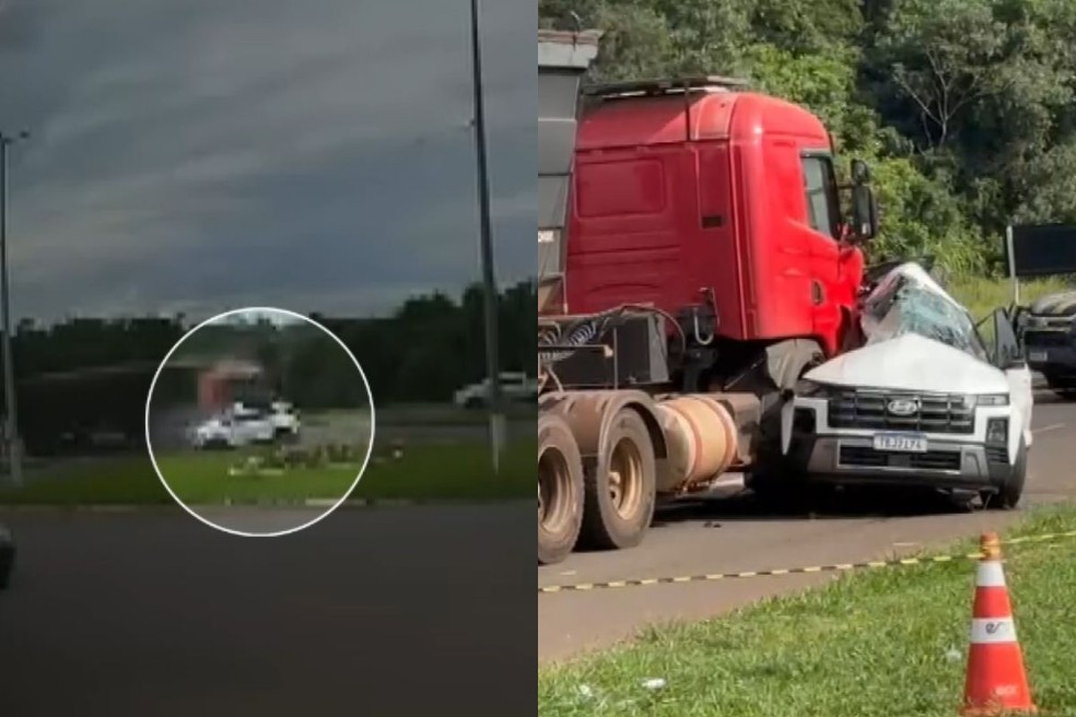 Carro foi arrastado por caminhão na BR-277, no Paraná. Na batida, criança de seis anos morreu. — Foto: Reprodução/RPC/ Katiuscia Reis