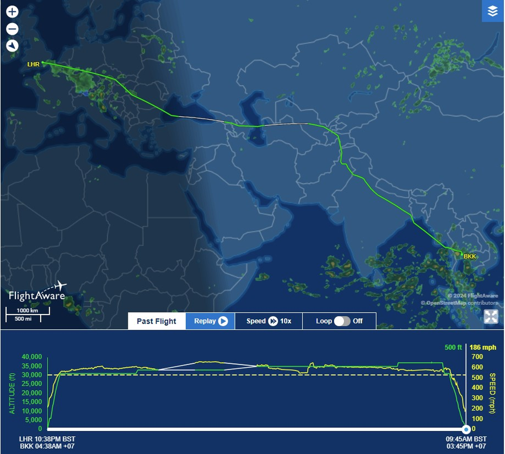 Trajeto do voo SQ321, que fez pouso não programado em Bangkok, segundo monitoramento do FlightAware — Foto: FlightAware/Reprodução