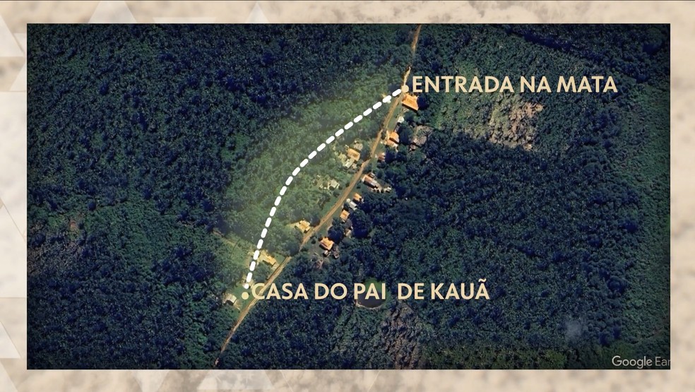Mapa mostra o caminho que as crianças deveriam fazer por dentro da mata, de acordo com o planejamento deles: "sem serem vistos por adultos". — Foto: Reprodução/TV Globo/Fantástico