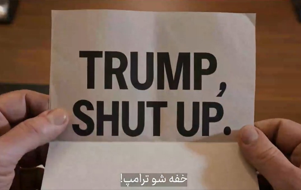 'Cale a boca Trump', diz Irã em vídeo de IA divulgado em 22 de abril de 2026 para zombar presidente dos EUA por nova extensão de cessar-fogo na guerra. — Foto: Divulgação/Fars