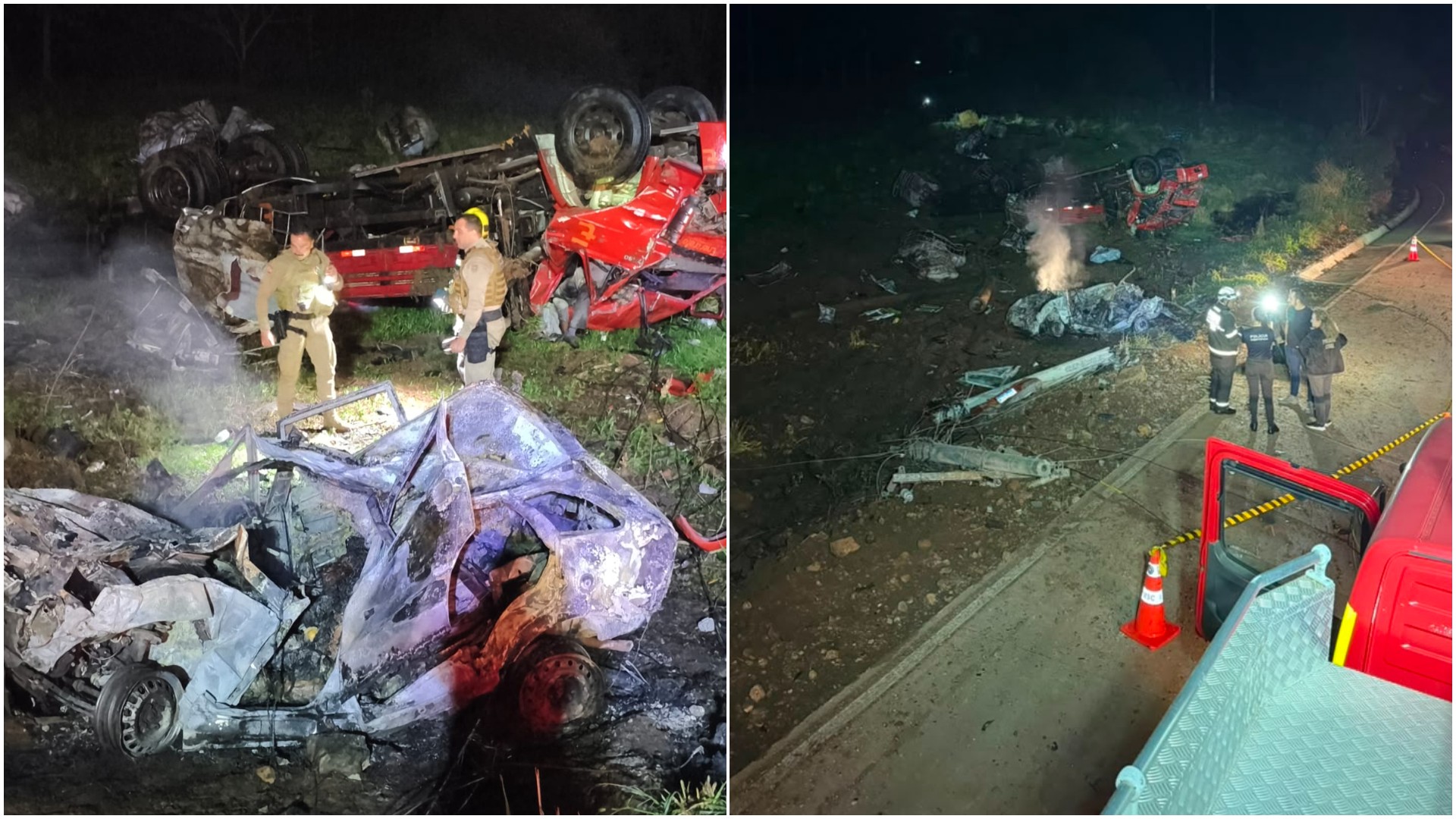 Quatro pessoas morrem em batida entre caminhão e carro seguida de incêndio no Oeste de SC