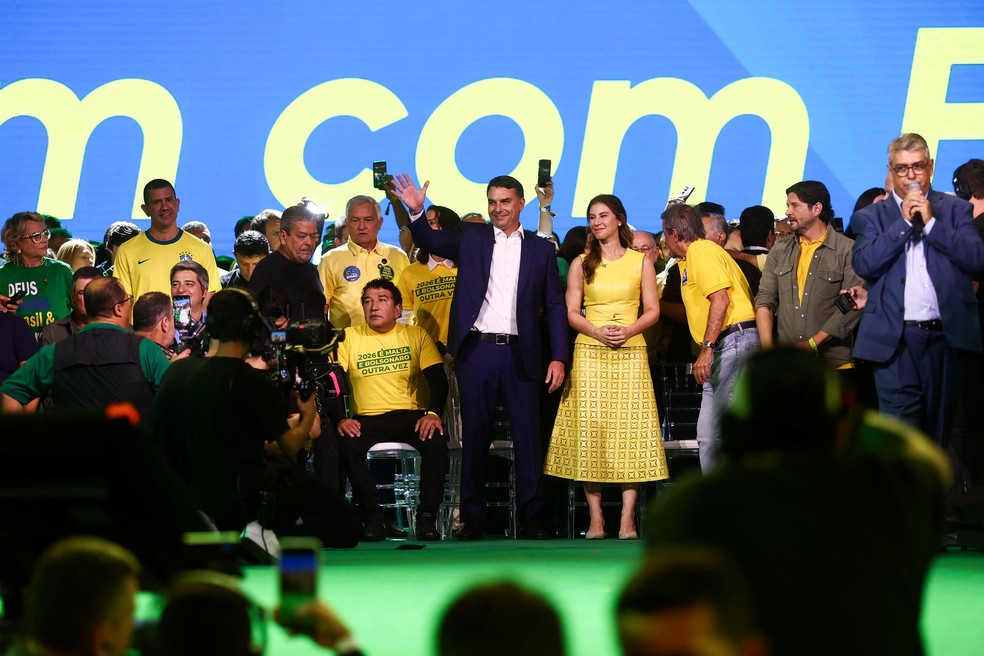 Flávio Bolsonaro durante a convenção do PL para oficializar sua candidatura à Presidência. — Foto: Reuters/Jean Carniel