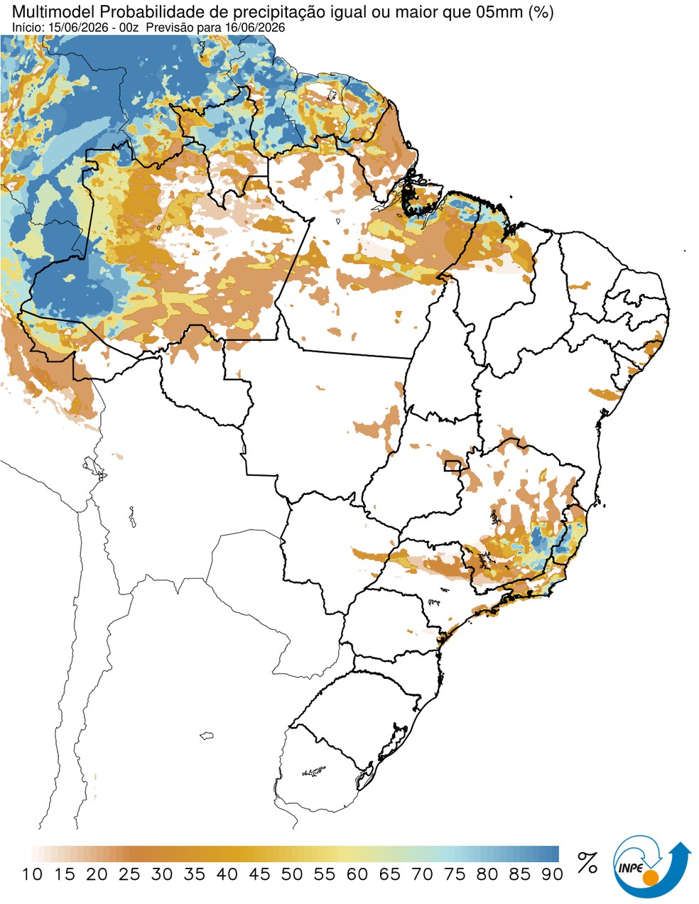 Previsão de chuva nesta terça em todo o país. — Foto: CPTEC/Inpe