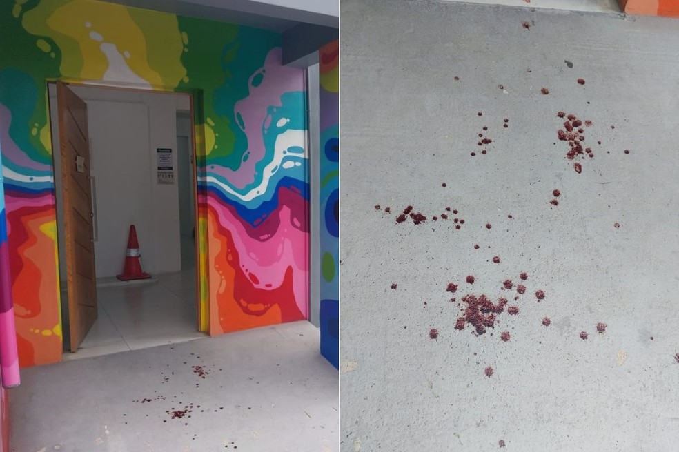 Marcas de sangue foram deixadas no Conselho Tutelar da Zona Leste em Santos, SP — Foto: Reprodução/TV Tribuna