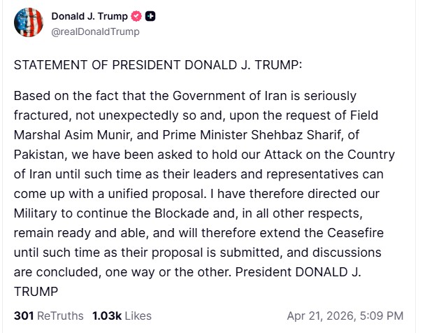 Trump mantém bloqueio marítimo contra Irã e prorroga cessar-fogo 