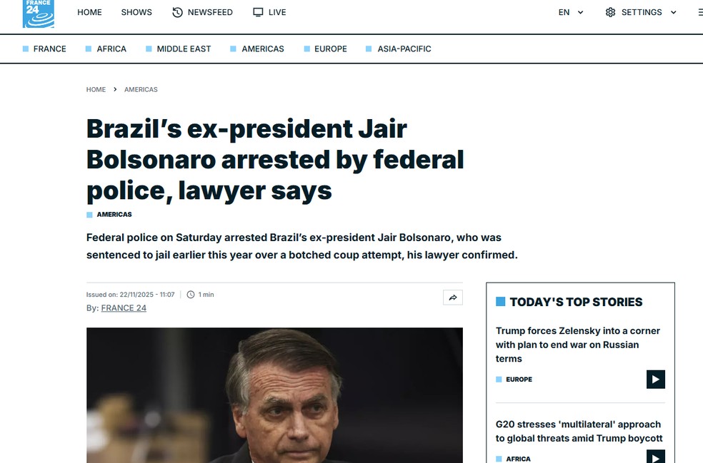 A TV francesa France 24 noticia prisão de Jair Bolsonaro. — Foto: Reprodução/ France 24