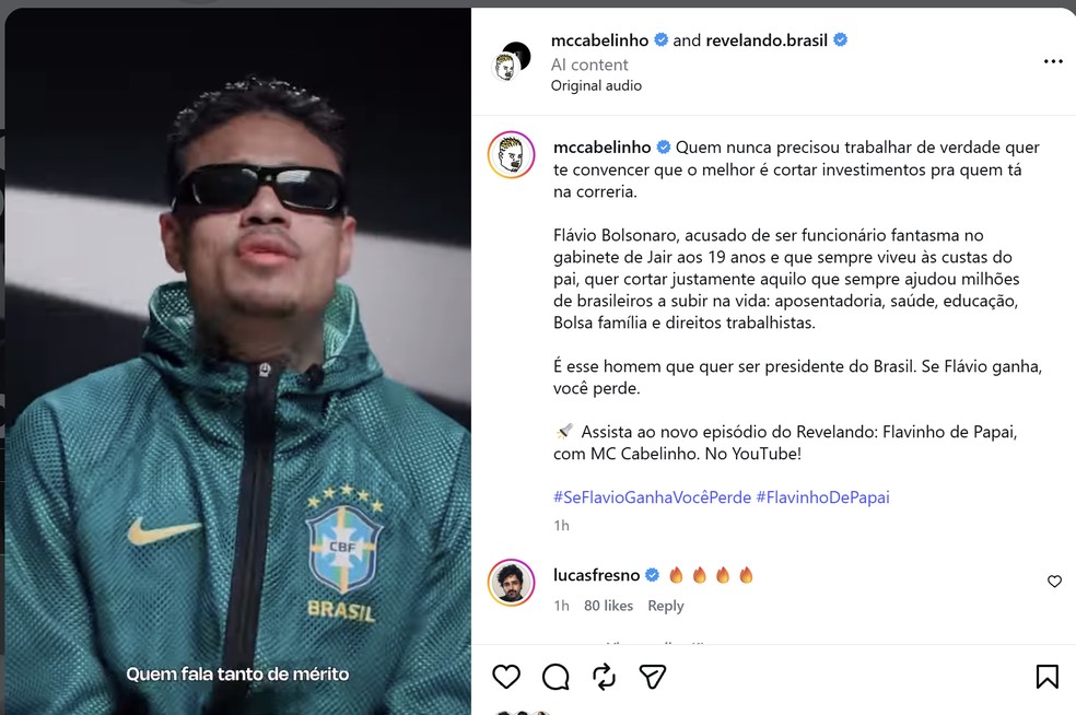 Print da publicação de MC Cabelinho com o portal Revelando. No canto superior direito é possível ver o rótulo que classifica a publicação como IA. — Foto: Reprodução/Instagram