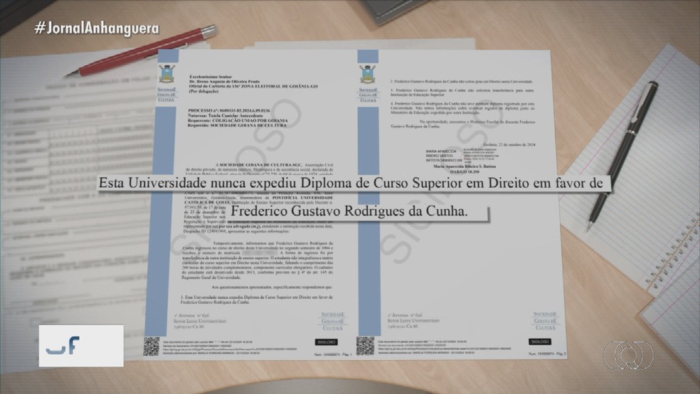 PUC-GO nega ter emitido diploma de direito para Fred Rodrigues — Foto: Reprodução/TV Anhanguera