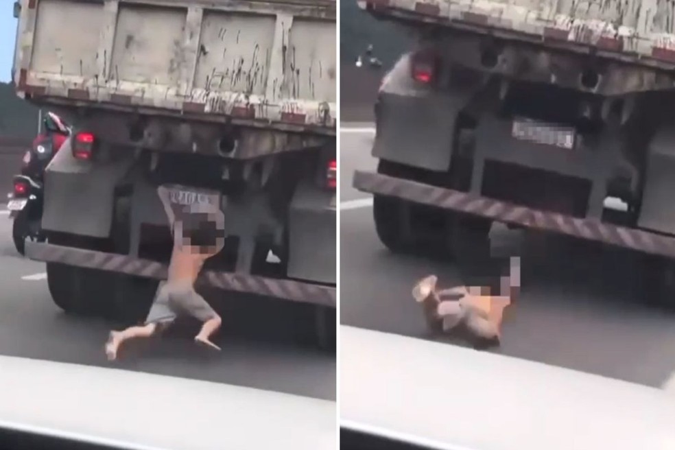 Criança senta na traseira de caminhão em movimento e quase é atropelada em São Vicente (SP) — Foto: Imagens cedidas por Vicentino Raiz